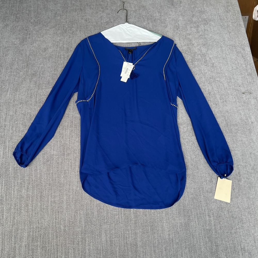 J.Crew Blouse Top Women 0 Royal Blue V-Neck Tassel Trim Long Sleeve High Low Hem